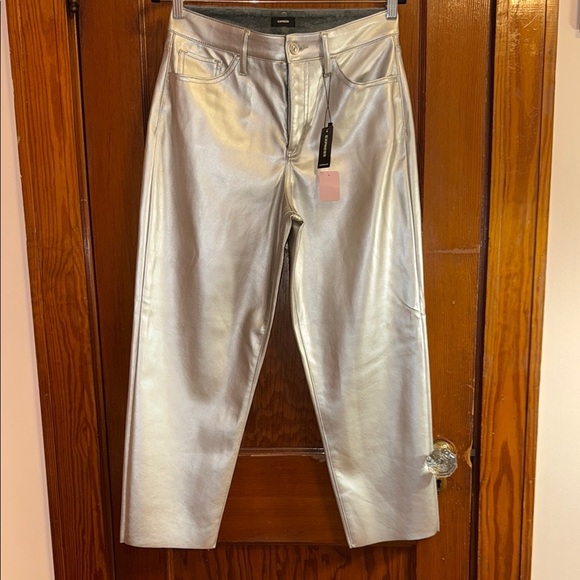 Express Denim - Express Silver Flare Jeans with Metallic Finish - High Rise Straight Anklre